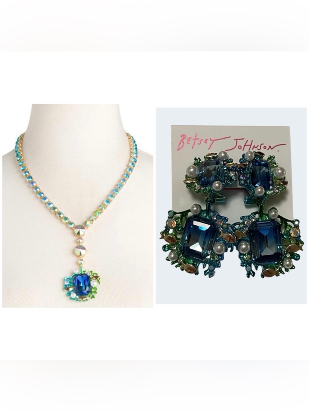 BETSEY JOHNSON SET Mermaid Jewels Crystal Sea Life Fish Necklace & Earrings NWT